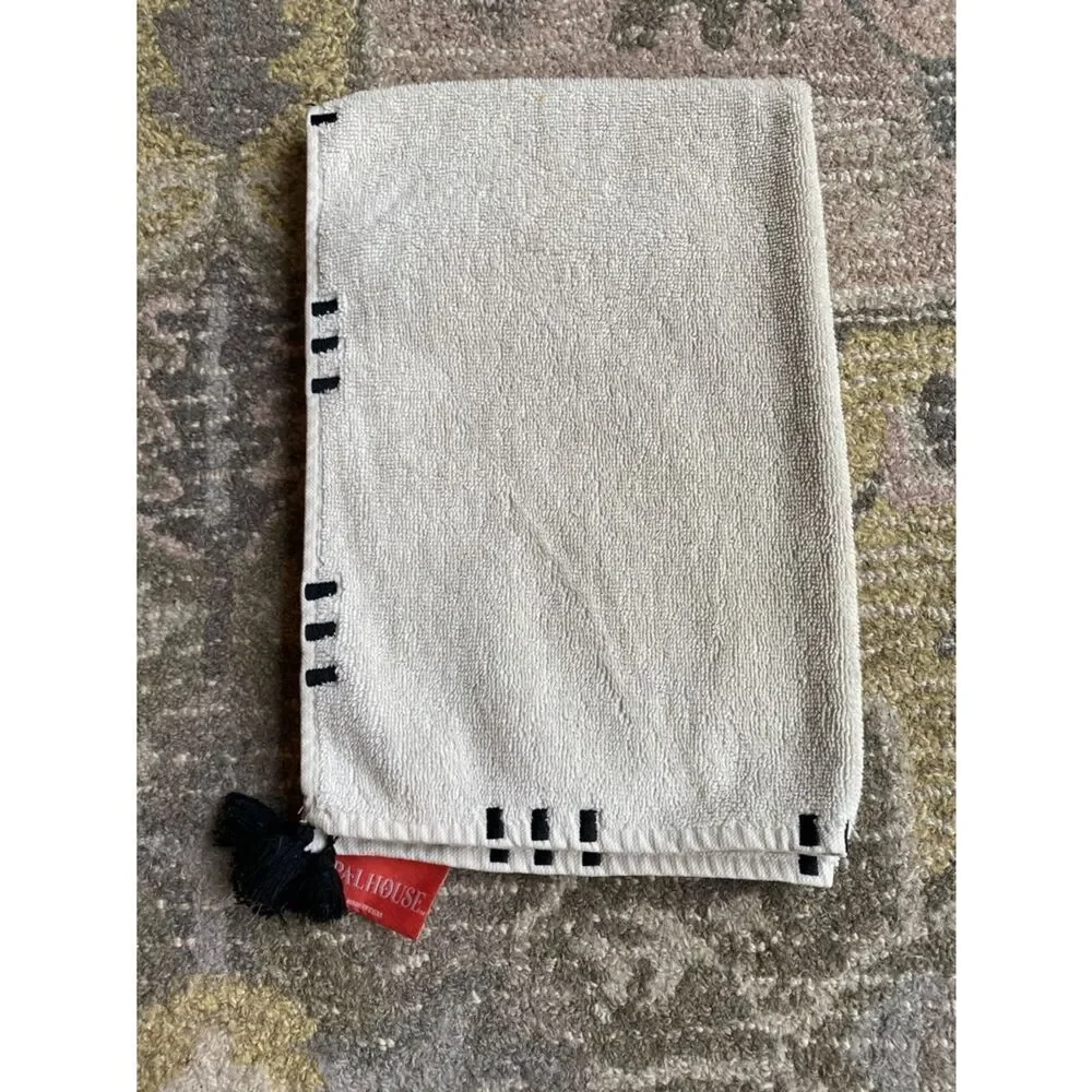 Opalhouse Off White with Black stitch Cotton Hand Towel with Black Tassels
